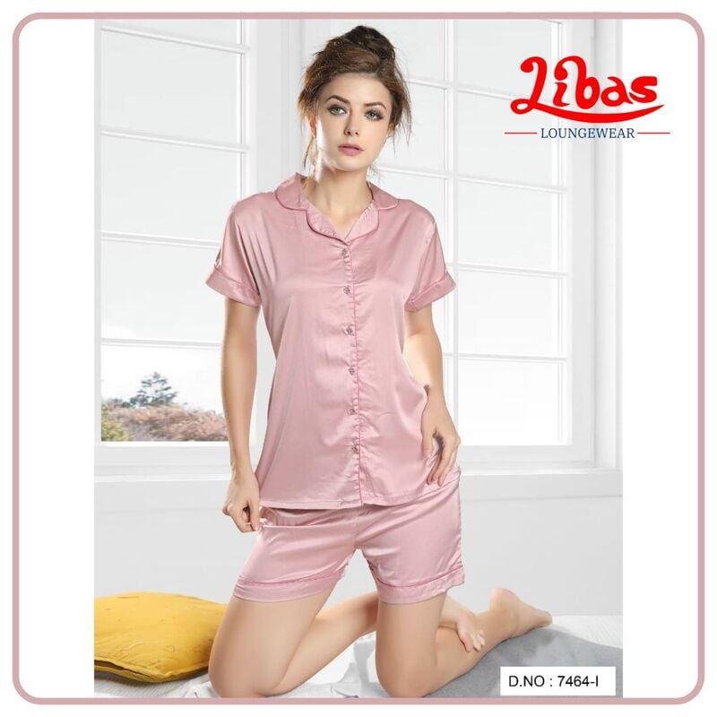 Plain Baby Pink Armani Satin Women Shorts Set With Button Closure By Libas Loungewear - SPS022 Plain Baby Pink Armani Satin Women Shorts Set With Button Closure By Libas Loungewear - SPS022