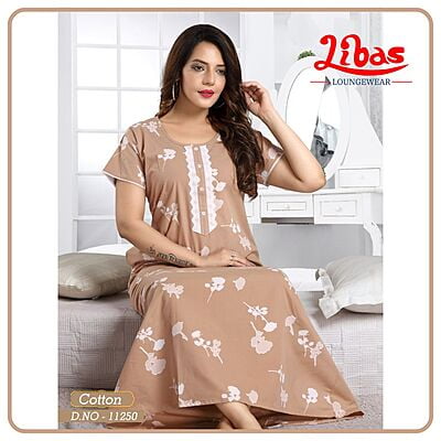 Cameo Brown Premium Cotton Nighty With Self Rose Print All Over From Libas Loungewear - AL758