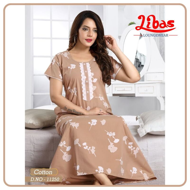 Cameo Brown Premium Cotton Nighty With Self Rose Print All Over From Libas Loungewear - AL758 Cameo Brown Premium Cotton Nighty With Self Rose Print All Over From Libas Loungewear - AL758