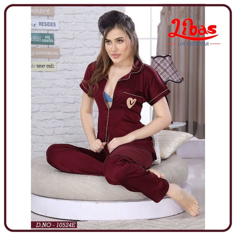 Plain tukawa Maroon Armani Satin Women Night Suit With Collar Style From Libas Loungewear - FPS119