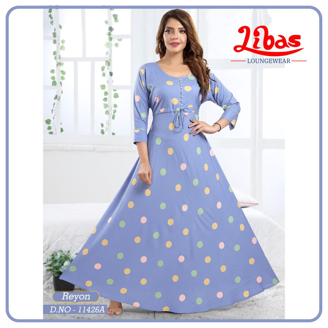 Baby Blue Premium Rayon Anarkali Gown With Polka Print All Over From Libas Loungewear - AN063