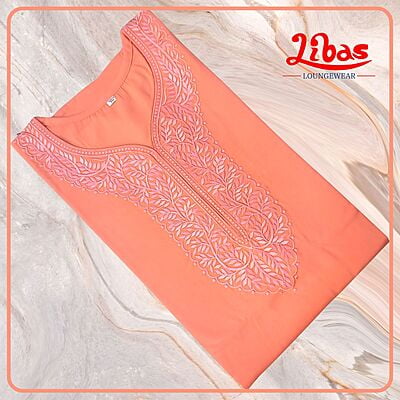 Vivid Tangerine Bizi Lizi Plain Embroidery Nighty From Libas Loungewear - EN141