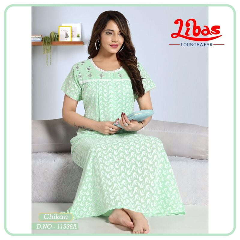 Pista Green EMB Celebrity Soft Cotton Nighy With Button Closure Design From Libas Loungewear - CN003 Pista Green EMB Celebrity Soft Cotton Nighy With Button Closure Design From Libas Loungewear - CN003