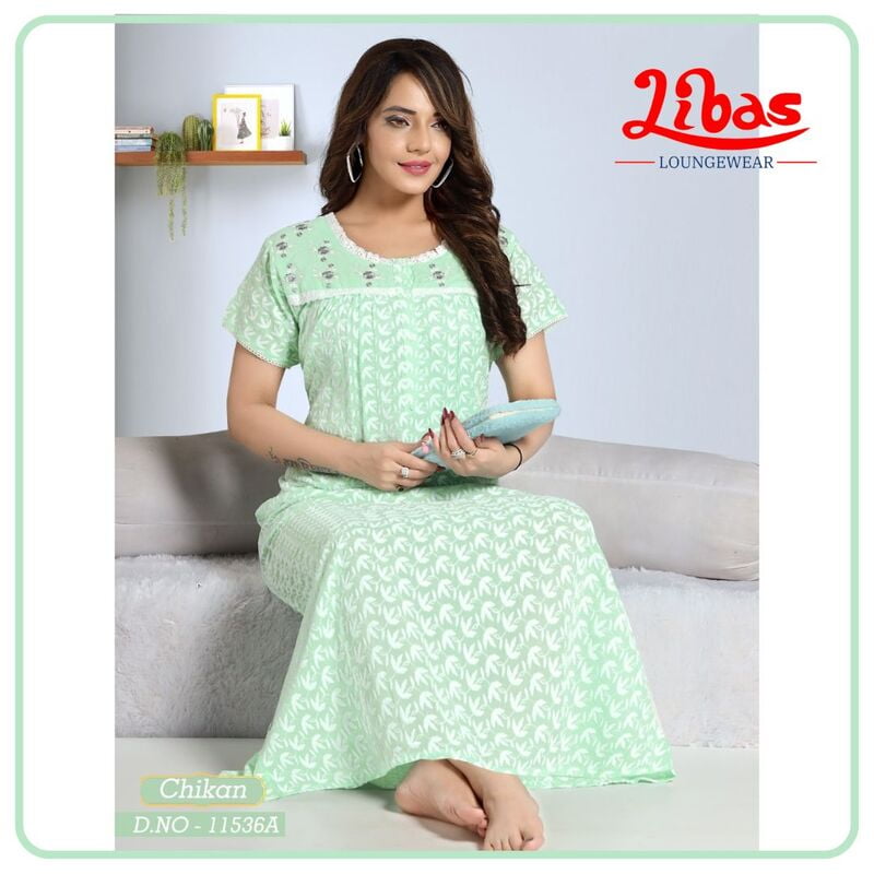 Pista Green EMB Celebrity Soft Cotton Nighy With Button Closure Design From Libas Loungewear - CN003