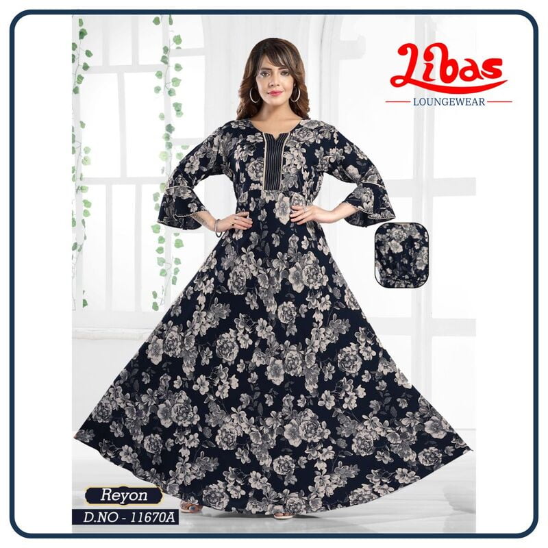 Dark Navy Blue Premium Rayon Anarkali Gown With Floral Print All Over From Libas Loungewear - AN068