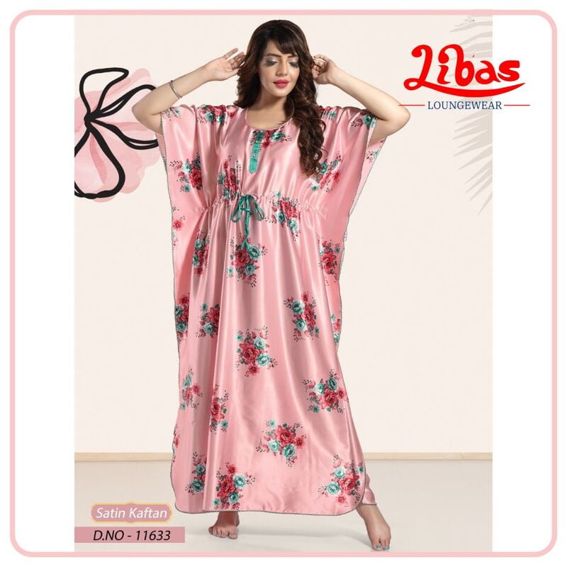 Pale Chestnut Armani Satin Kaftan Nighty With Floral Print All Over From Libas Loungewear - KF356