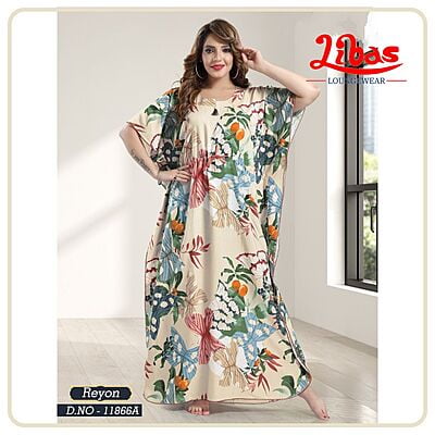 Anish Cream Premium Rayon Kaftan Nighty With Tropical Design All Over From Libas Loungewear - KF368