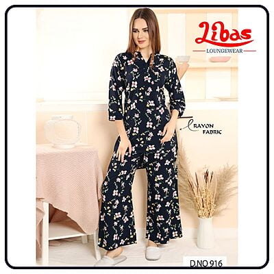 Dark Navy Blue Premium Rayon Women Night Suit With Palazzo Style From Libas Loungewear - FPS135