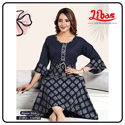 Navy Blue Alpine Slab Long Sleeve Nighty With Polka & Block Print From Libas Loungewear - LSN181