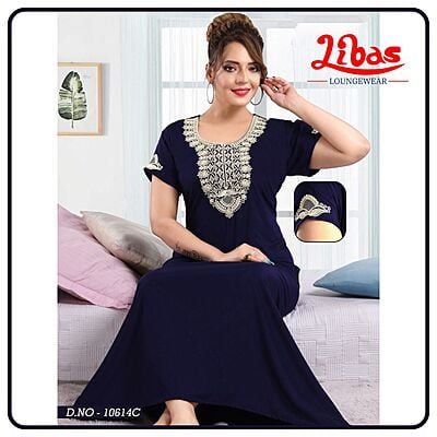 Navy Blue Bizi Lizi Plain Embroidery Nighty From Libas Loungewear - EN162