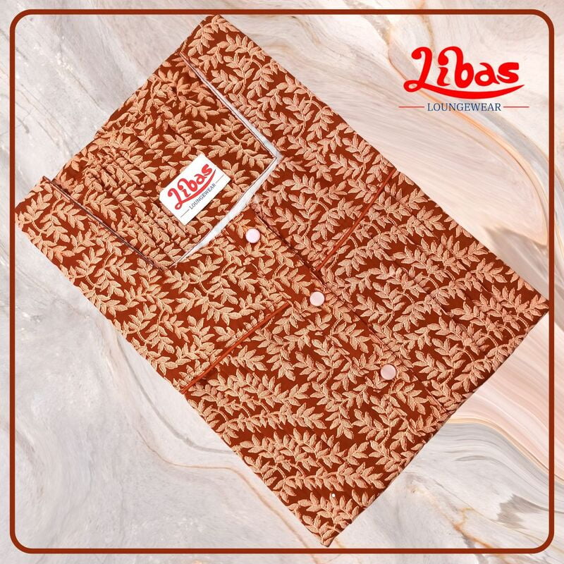 Rust brown Bizi Lizi Pleated Nighty With Front & Back Paa Neck Pattern From Libas Loungewear- PLT255 Rust brown Bizi Lizi Pleated Nighty With Front & Back Paa Neck Pattern From Libas Loungewear- PLT255