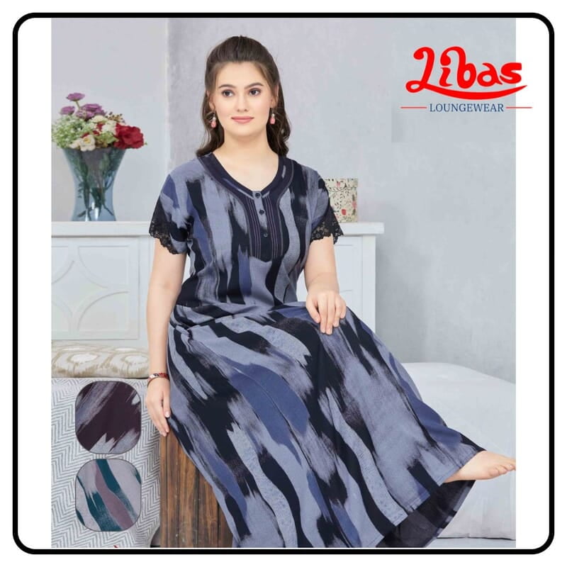 Yacht Club Blue Alphine Spun Cotton Nighty With Stripes Pattern All Over From Libas Loungewear - AL999 Yacht Club Blue Alphine Spun Cotton Nighty With Stripes Pattern All Over From Libas Loungewear - AL999