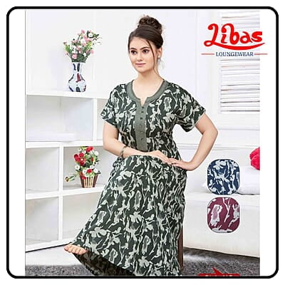 Deep EverGreen Premium Soft Cotton Nighty with Floral Design From Libas Loungewear-AL1010