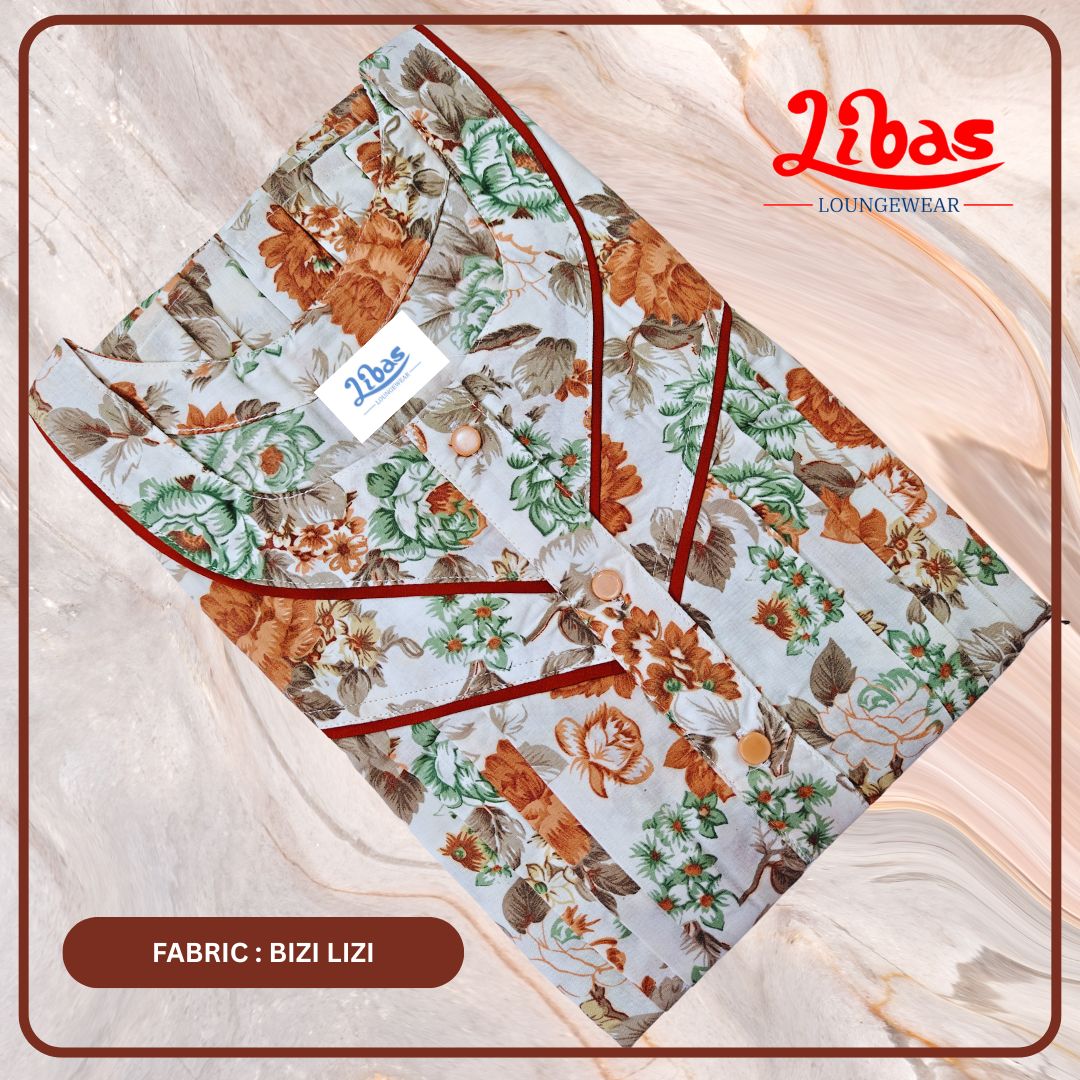 Off white & Mustard Bizi Lizi Pleated Nighty With Floral Design From Libas Loungewear - PLT276