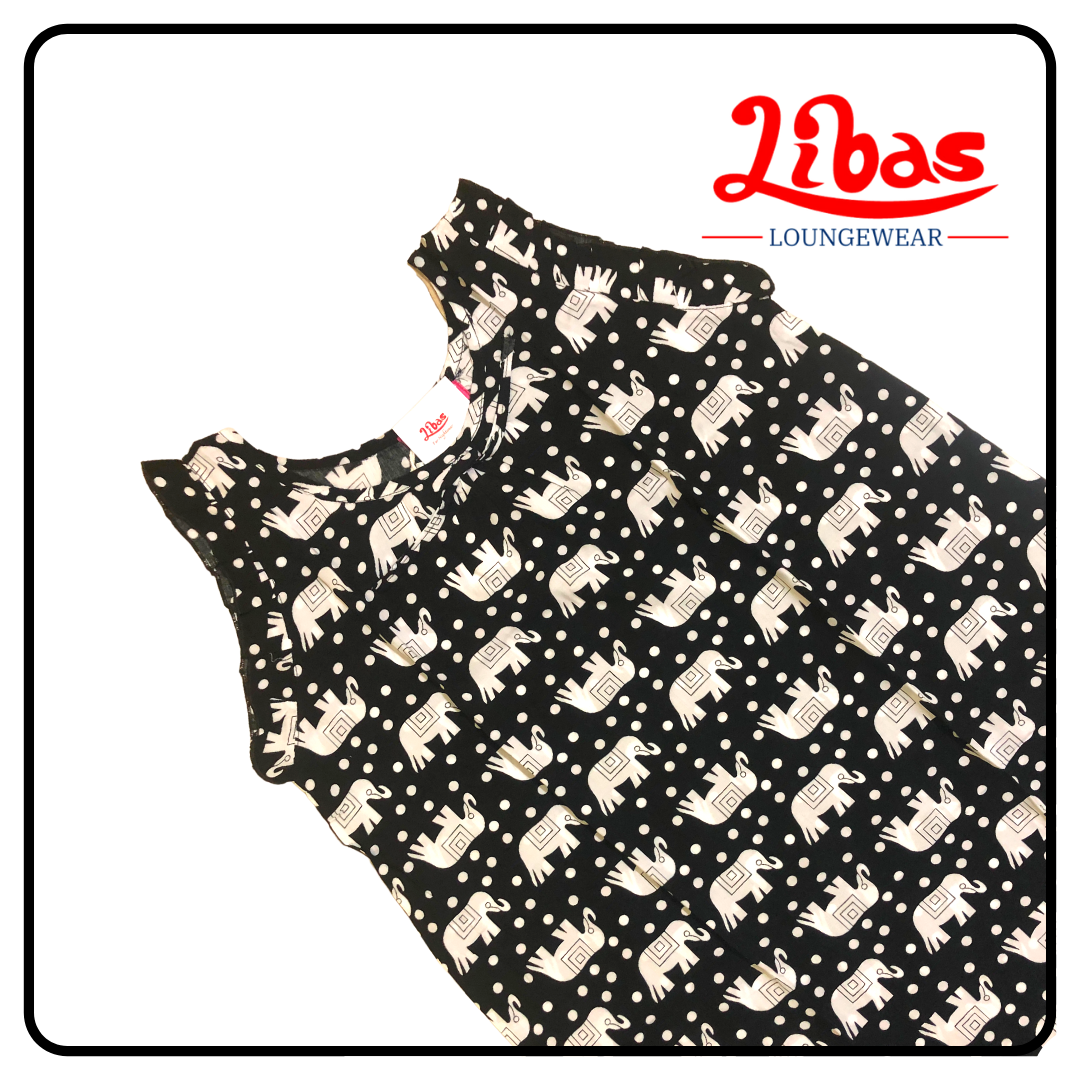 Black & half white geometric elephant printed rayon sleeveless nighty from libas loungewear-SL043