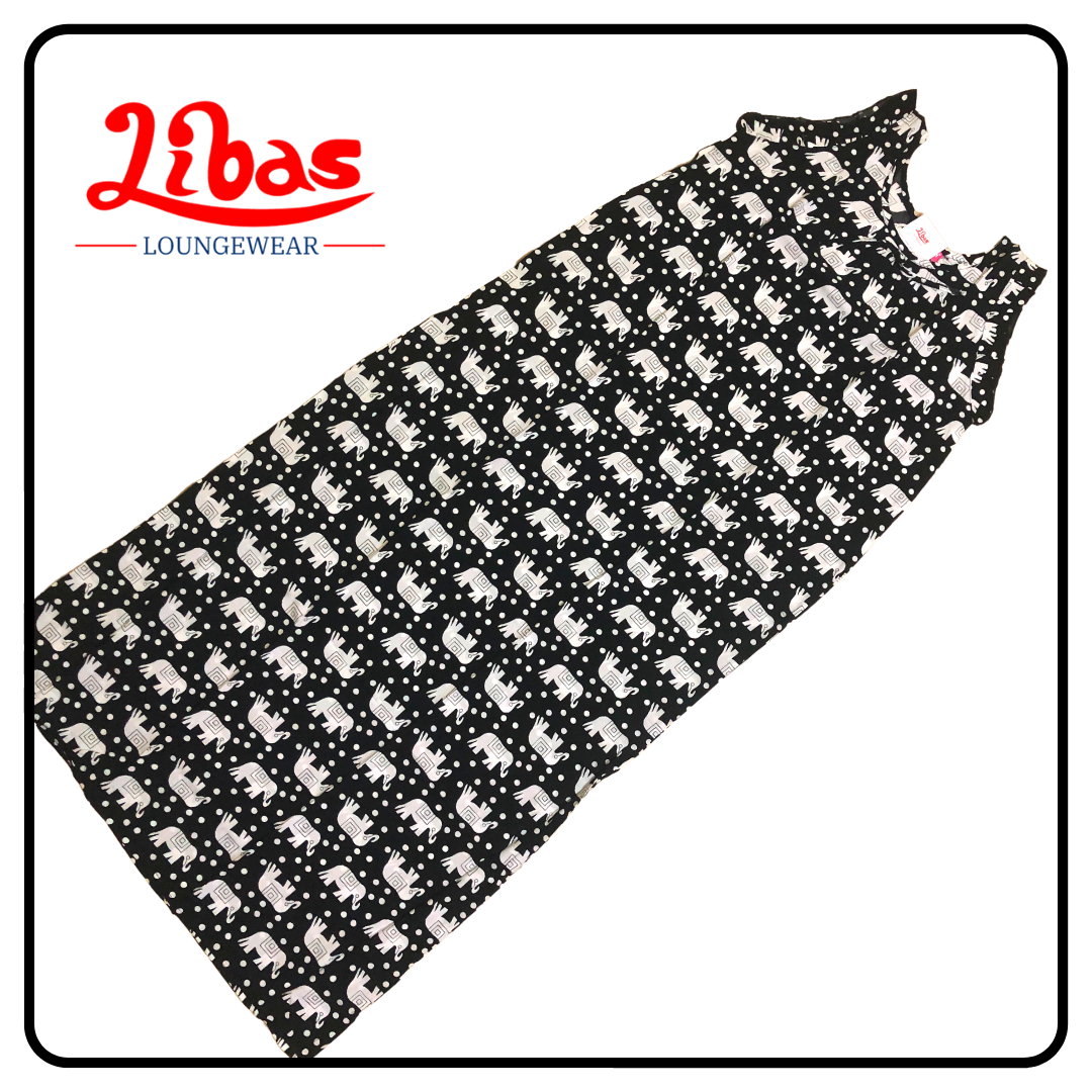 Black & half white geometric elephant printed rayon sleeveless nighty from libas loungewear-SL043