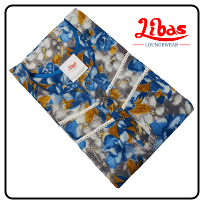 Blue & brown floral print pleated cotton feeding nighty with side zips from libas loungewear-FNT013