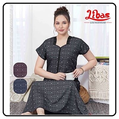 Noble Black Premium Soft Cotton Nighty with Floral Design From Libas Loungewear-AL1011