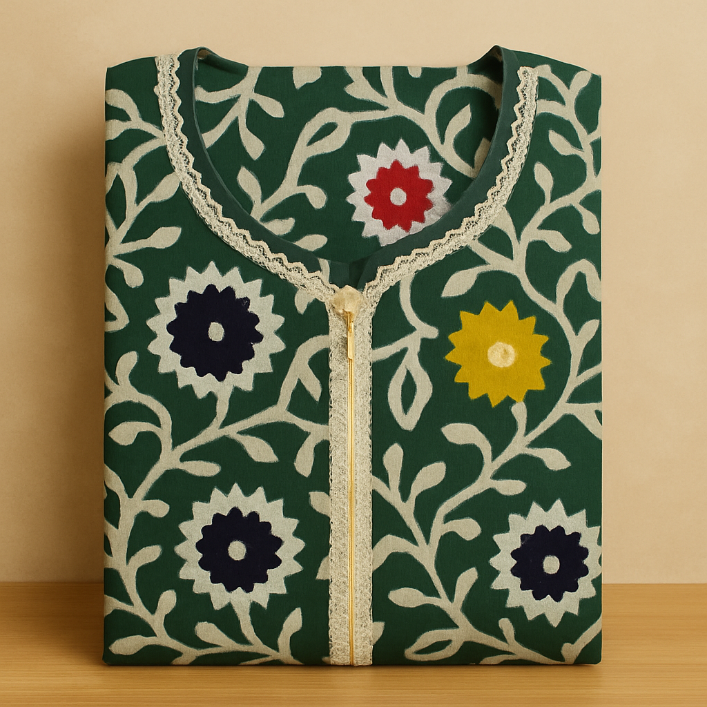 Bottle Green Batik Cotton Nighty With All Over From Libas Loungewear - AL1096 Bottle Green Batik Cotton Nighty With All Over From Libas Loungewear - AL1096