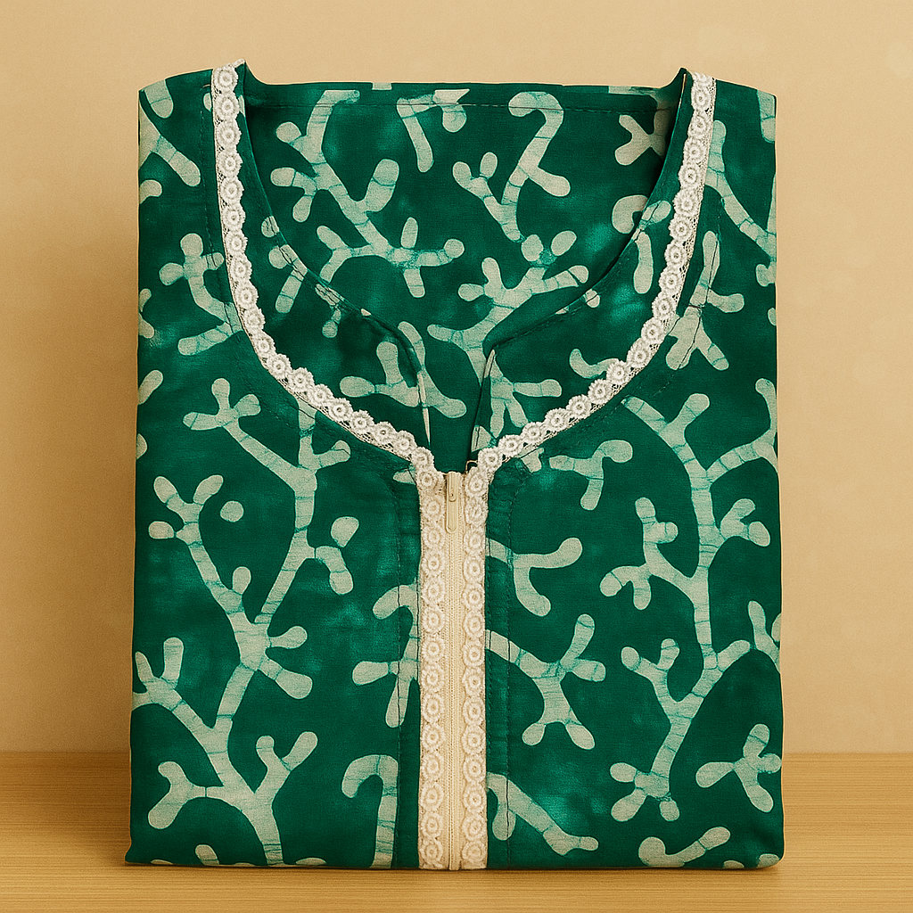 Bluish Green Batik Cotton Nighty With All Over From Libas Loungewear - AL1094 Bluish Green Batik Cotton Nighty With All Over From Libas Loungewear - AL1094