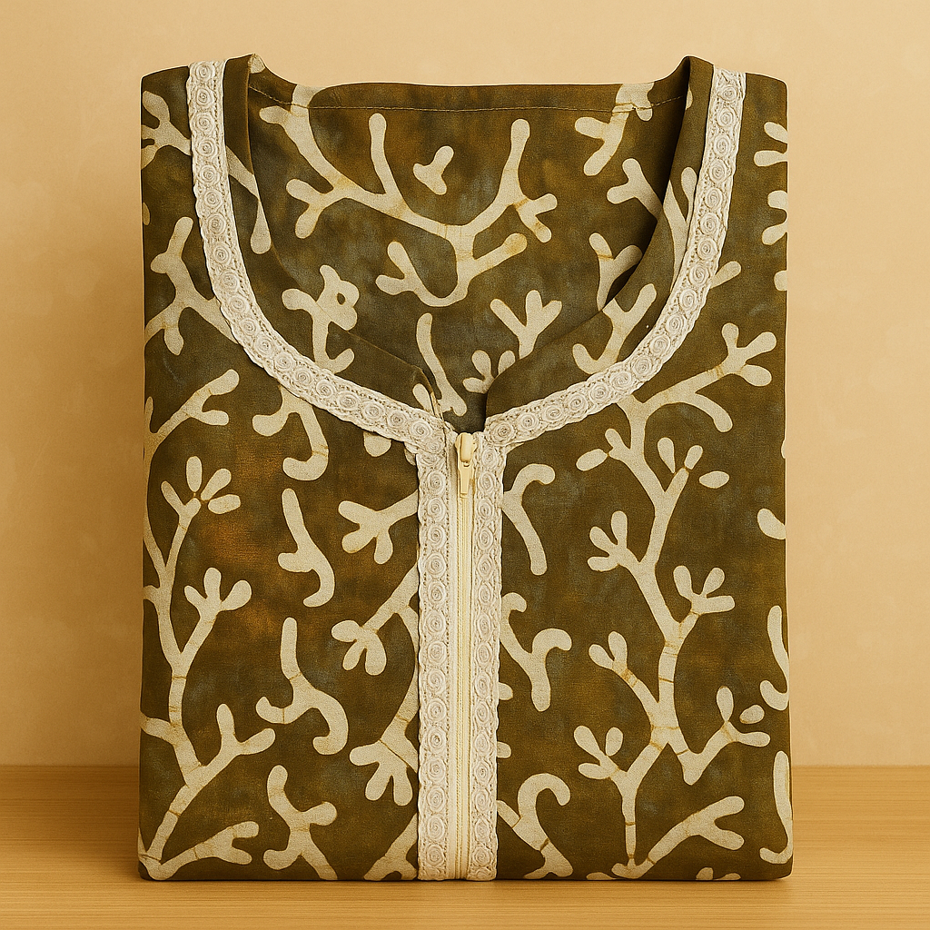 Dark Green Batik Cotton Nighty With All Over From Libas Loungewear - AL1092 Dark Green Batik Cotton Nighty With All Over From Libas Loungewear - AL1092
