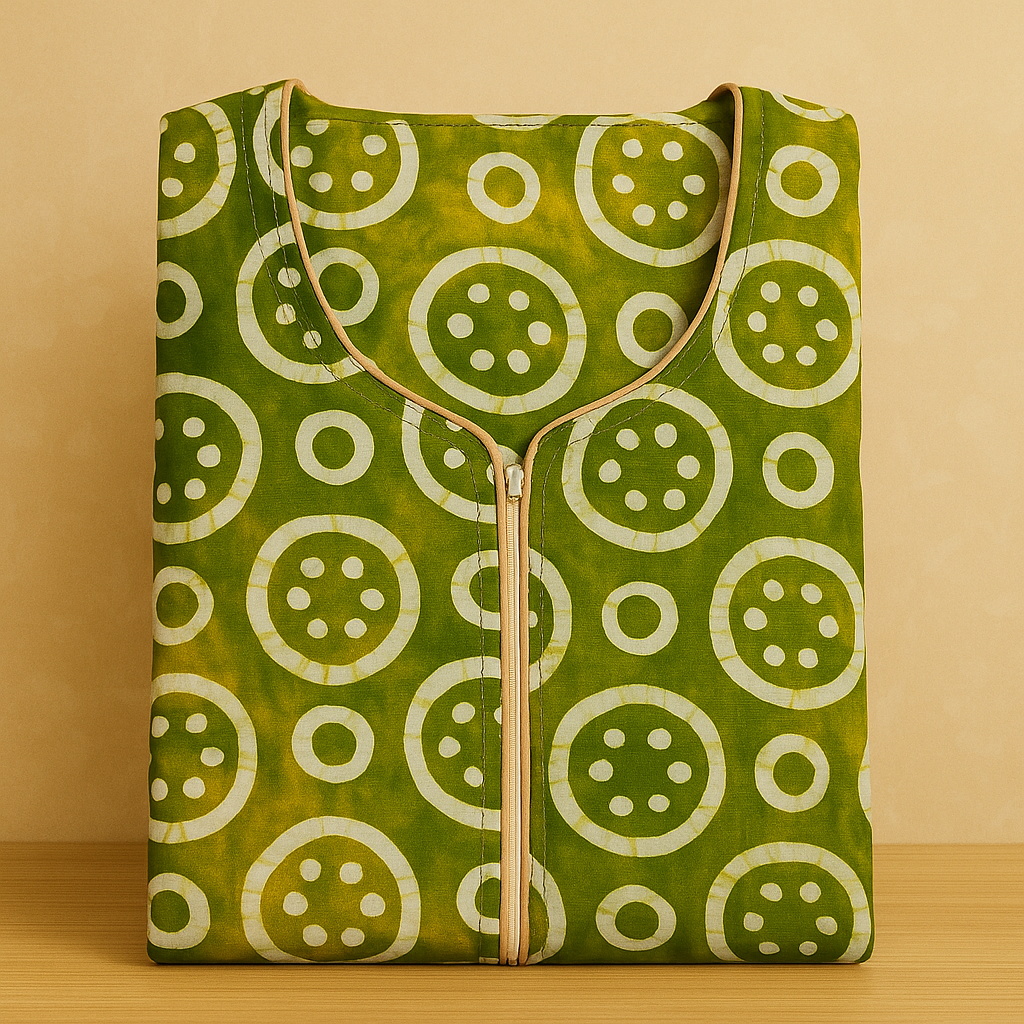 Green Circles Batik Cotton Nighty With All Over From Libas Loungewear - AL1084 Green Circles Batik Cotton Nighty With All Over From Libas Loungewear - AL1084