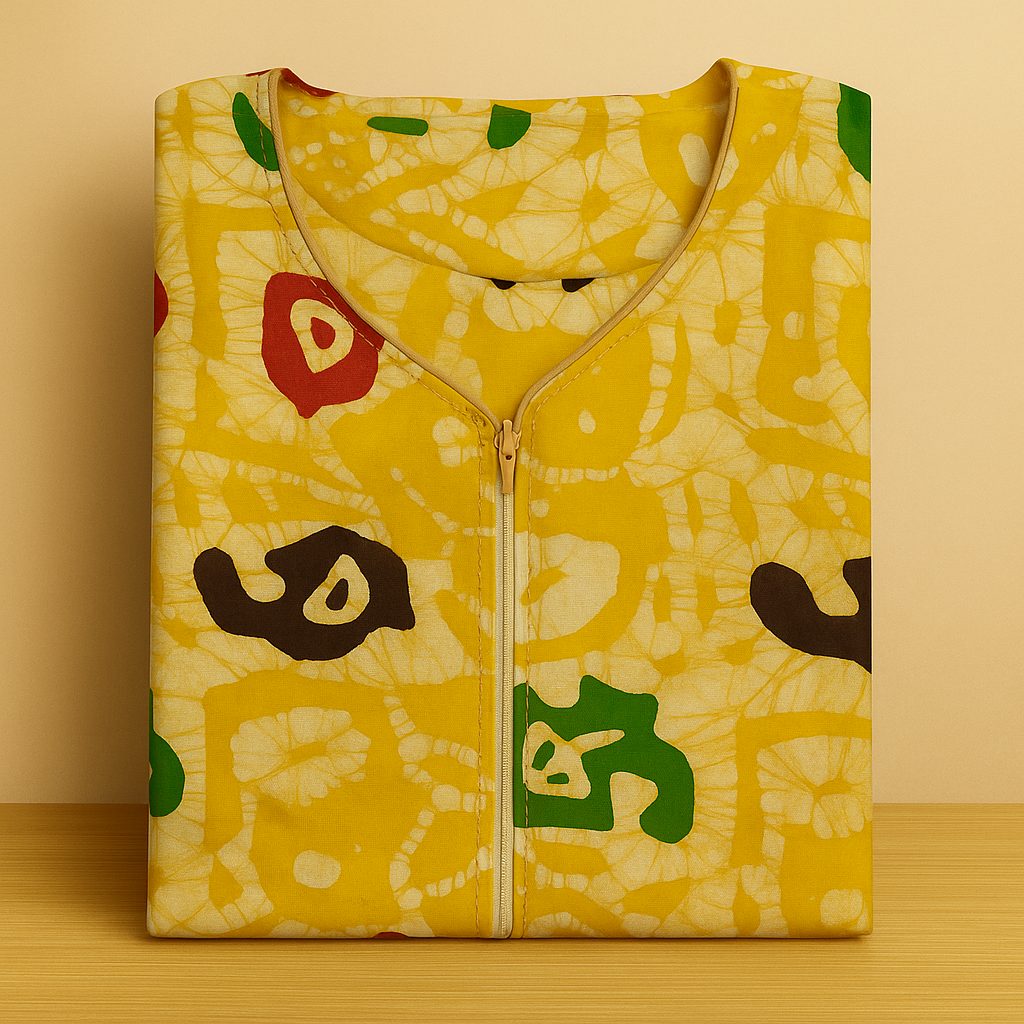 Lemon Yellow Batik Cotton Nighty With All Over From Libas Loungewear - AL1088 Lemon Yellow Batik Cotton Nighty With All Over From Libas Loungewear - AL1088