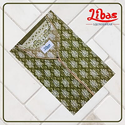 Green Cotton Nighty With Uniform Leaves Floral Print All Over From Libas Loungewear - AL1016