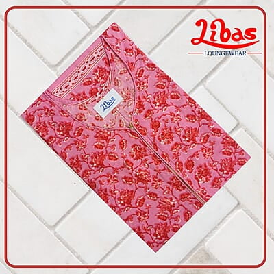 Baby Pink Cotton Nighty With Red Floral Print All Over From Libas Loungewear - AL1018
