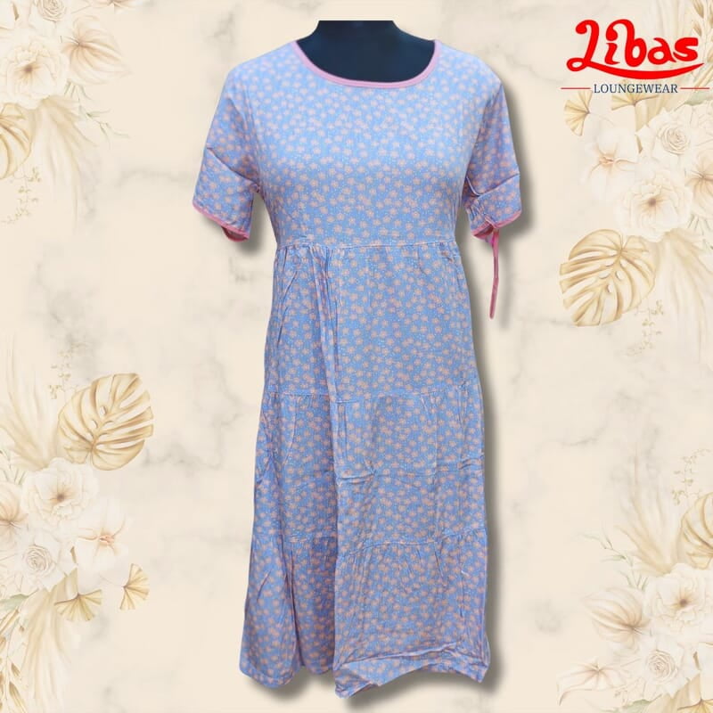 Cloudy Blue Soft Cotton Short Nighty With Floral Print All Over From Libas Loungewear - SHN077 Cloudy Blue Soft Cotton Short Nighty With Floral Print All Over From Libas Loungewear - SHN077