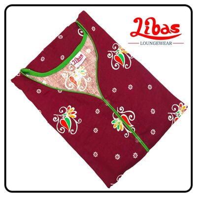 Dark maroon cotton long sleeve nighty with geometric prints from libas loungewear-LSN104