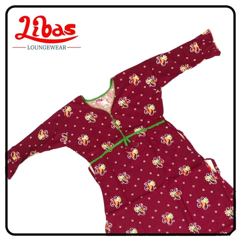 Dark maroon cotton long sleeve nighty with geometric prints from libas loungewear-LSN104