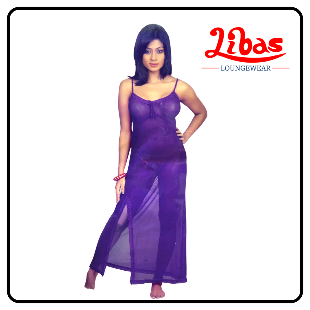 Plain violet netted material one piece fancy nighty with lace work by libas loungewear-FCN032