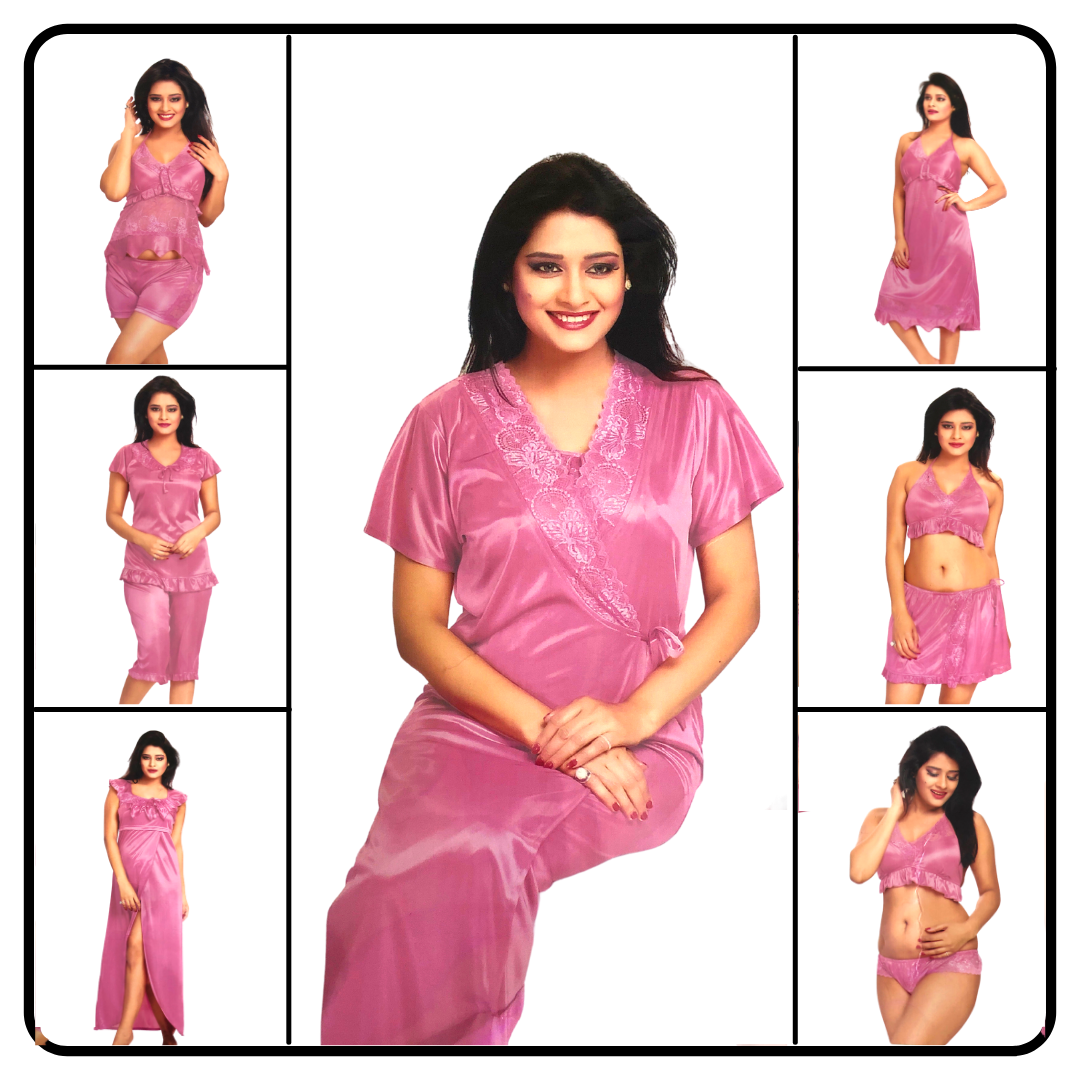 Plain pink satin ten piece fancy nighty with net & lace work from libas loungewear-FCN055