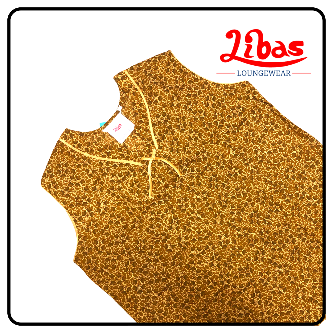 Golden green cotton sleevless nighty with tiny prints all over from libas loungewear-SL070