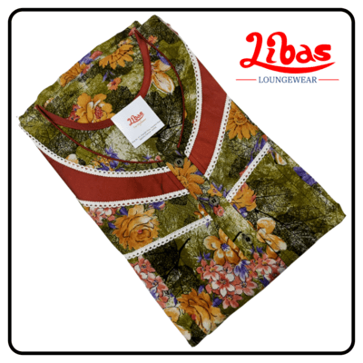 Green & golden floral print pleated cotton feeding nighty with side zips by libas loungewear-FNT023