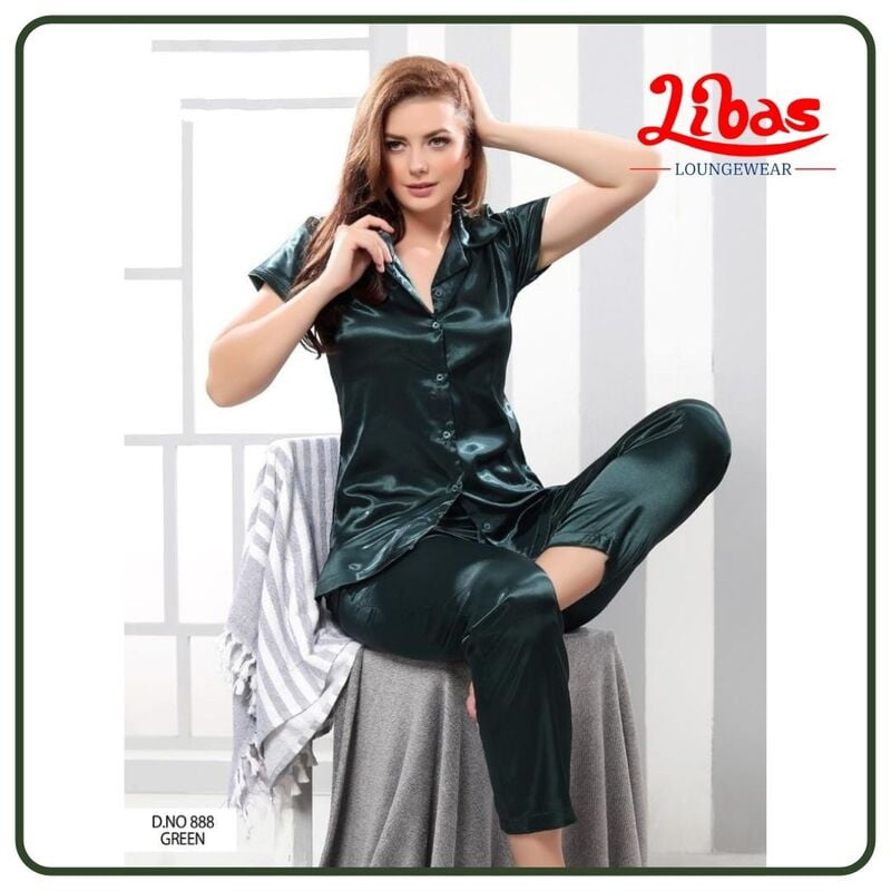 Plain Bottle Green Armani Satin Women Night Suit With Button Closure From  Libas Loungewear - FPS096