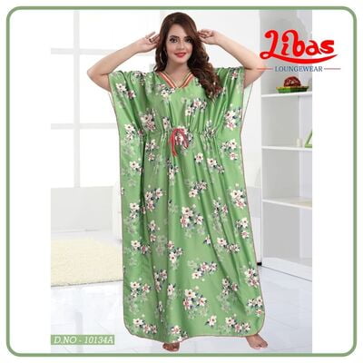Lime Green Armani Satin Kaftan Nighty With Floral Print All Over From Libas Loungewear - KF225