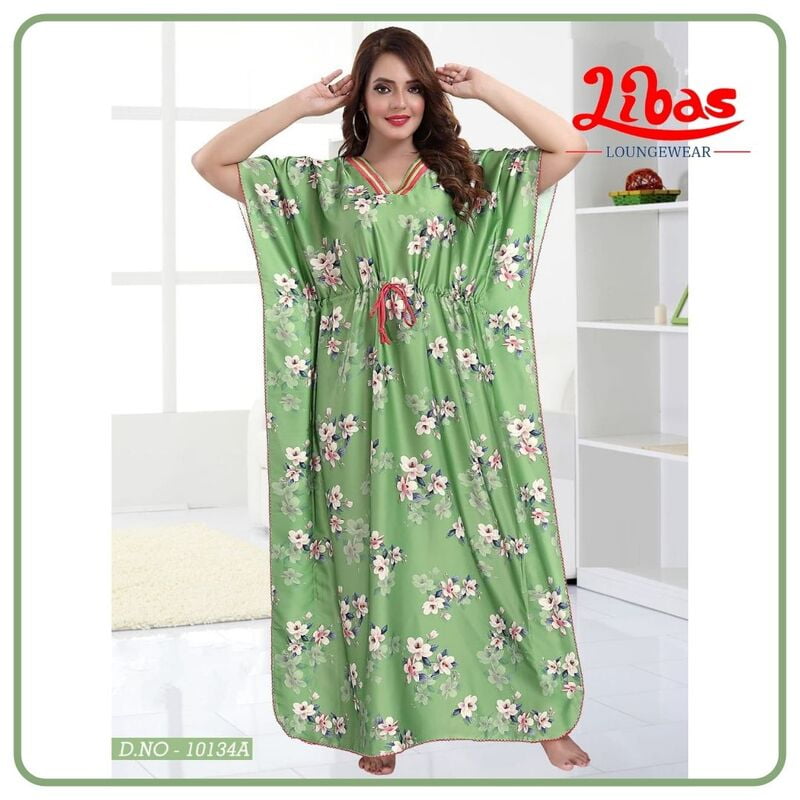 Lime Green Armani Satin Kaftan Nighty With Floral Print All Over From Libas Loungewear - KF225 Lime Green Armani Satin Kaftan Nighty With Floral Print All Over From Libas Loungewear - KF225