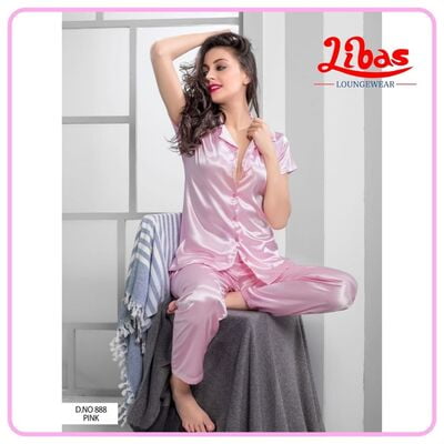 Plain Baby Pink Armani Satin Women Night Suit With Button Closure From Libas Loungewear - FPS092