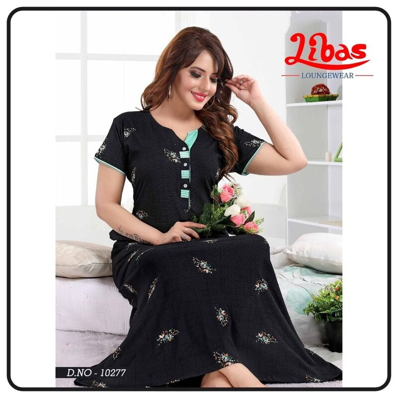 Jaguar Black Hosiery cotton Nighty With Self Print All Over From Libas Loungewear - AL527 Jaguar Black Hosiery cotton Nighty With Self Print All Over From Libas Loungewear - AL527