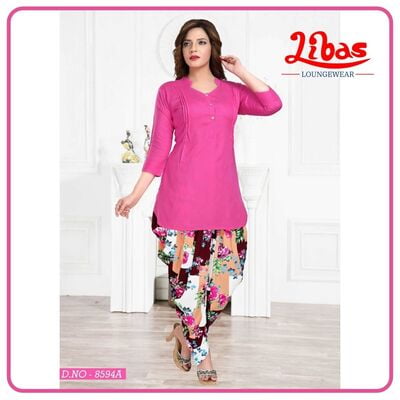 Brilliant Rose & Half White Premium Rayon Classic Patiala Lounge Sets From Libas Loungewear - PT014