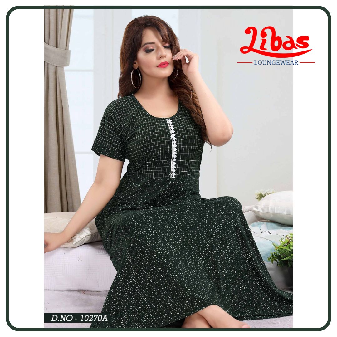 Dark Green Hosiery Plus Nighty With Patch Work Print From Libas Loungewear - AL666 Dark Green Hosiery Plus Nighty With Patch Work Print From Libas Loungewear - AL666