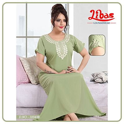 Sage Green Bizi Lizi Plain Embroidery Nighty From Libas Loungewear - EN092