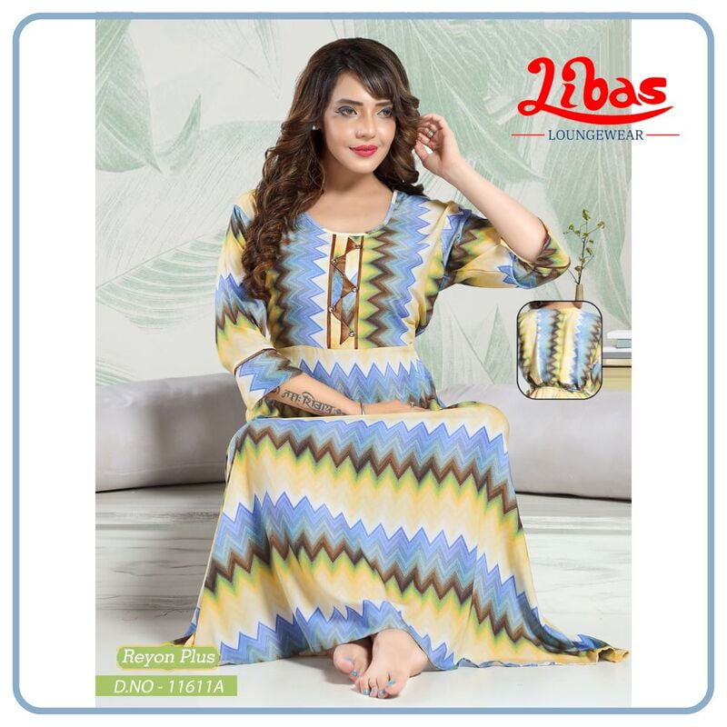 Sky Blue Premium Rayon Long Sleeve Nighty With Zig Zag Print All Over From Libas Loungewear - LSN191