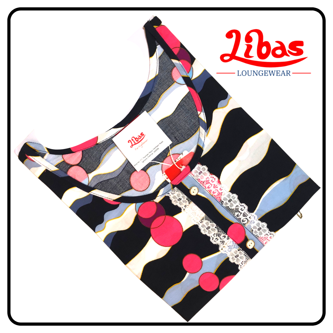 Pink white & black striped geometric printed rayon sleevless nighty from libas loungewear-SL041 Pink white & black striped geometric printed rayon sleevless nighty from libas loungewear-SL041