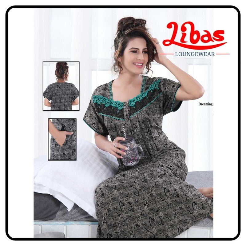 Grey & black alphine pleated nighty in geometric print & net work with button closure libas-PLT045