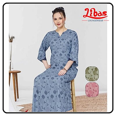 Brisk Blue Alpine Plus Long Sleeve Nighty With Floral Print All Over From Libas Loungewear - LSN203