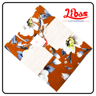 Large half white floral prints on orange soft cotton sleevless nighty from libas loungewear-SL034