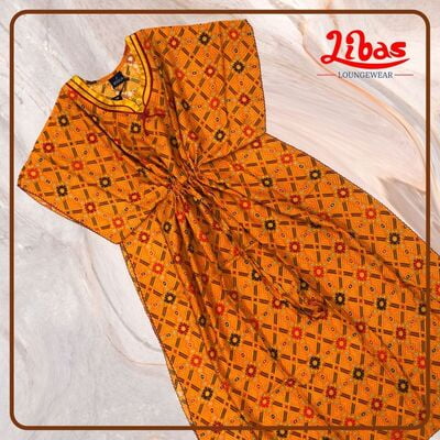 Mustard premium Rayon Kaftan Nighty with large geometric prints from Libas Loungewear-KF249